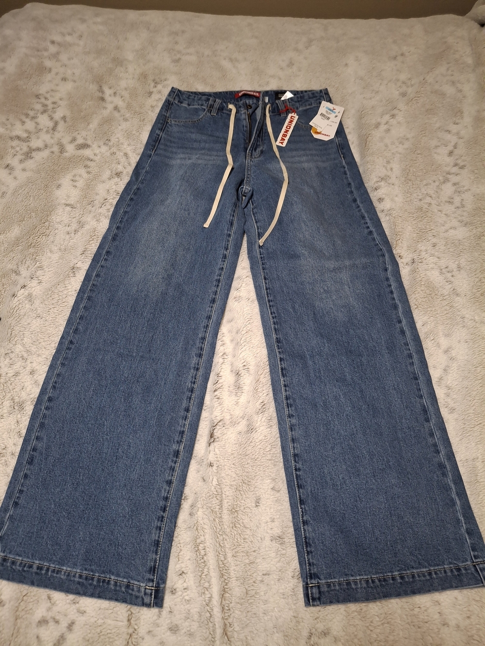 Junior's Wide Leg Blue Jeans with Drawstring Waist
